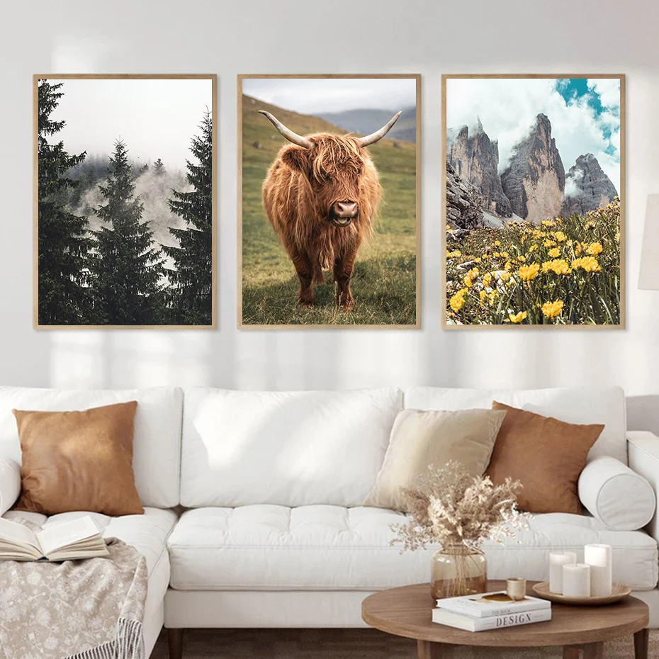 Natural highland cattle deer wood original wooden piles horse lake photography canvas painting living room printing landscape