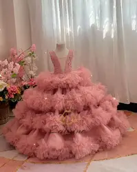 Princess Flower Girl Dresses for Wedding Tiered Ruffles Kids Birthday Party Gowns with Long Train Little Girls Pageant Gowns