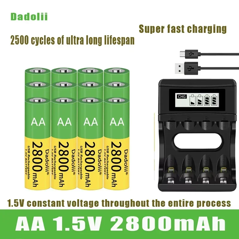 Dadolii AA 충전식 리튬 이온 배터리, 1.5V AA 2800mah, 리튬 이온 배터리, 장난감용 시계, MP3 플레이어 온도계 키보드, 신제품