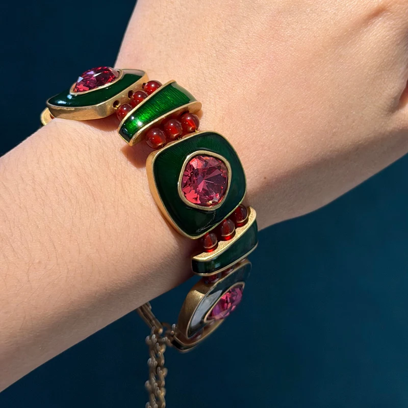 

Vintage Green Enamel Square Pink Crystal Bracelet Gold Color For Women Accessories and Jewelry Designer Dubai Brands Birthday