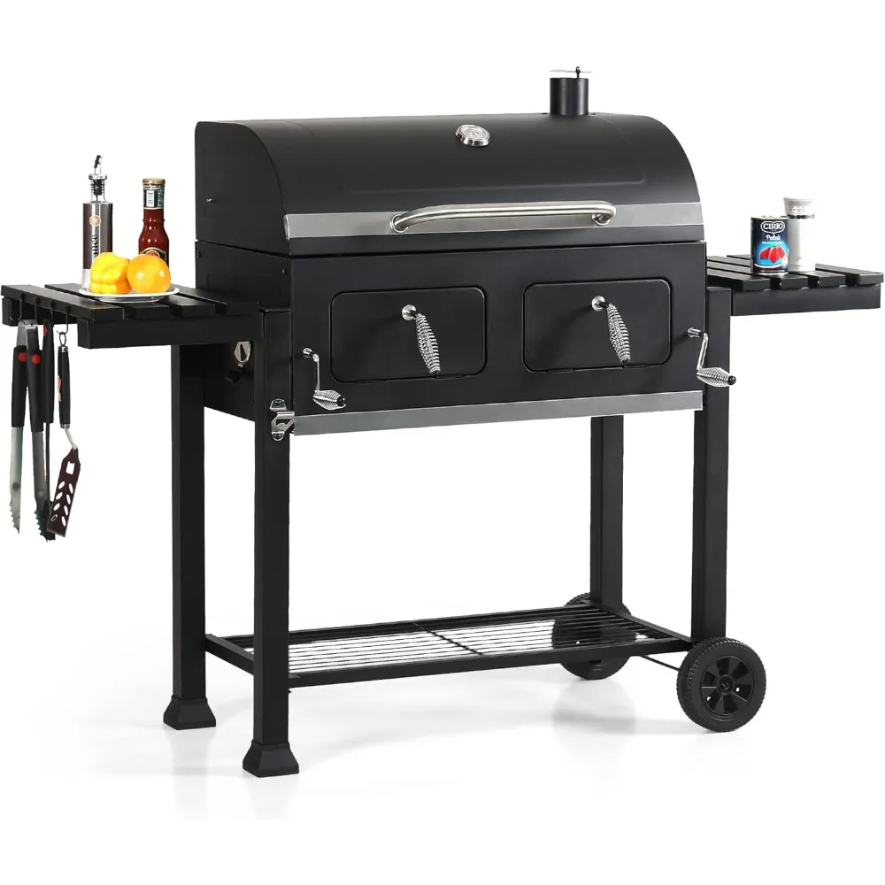 Extra Large Charcoal BBQ Grill with Oversize Cooking Area,  2 Individual Lifting Charcoal Trays and 2 Foldable Side Tables