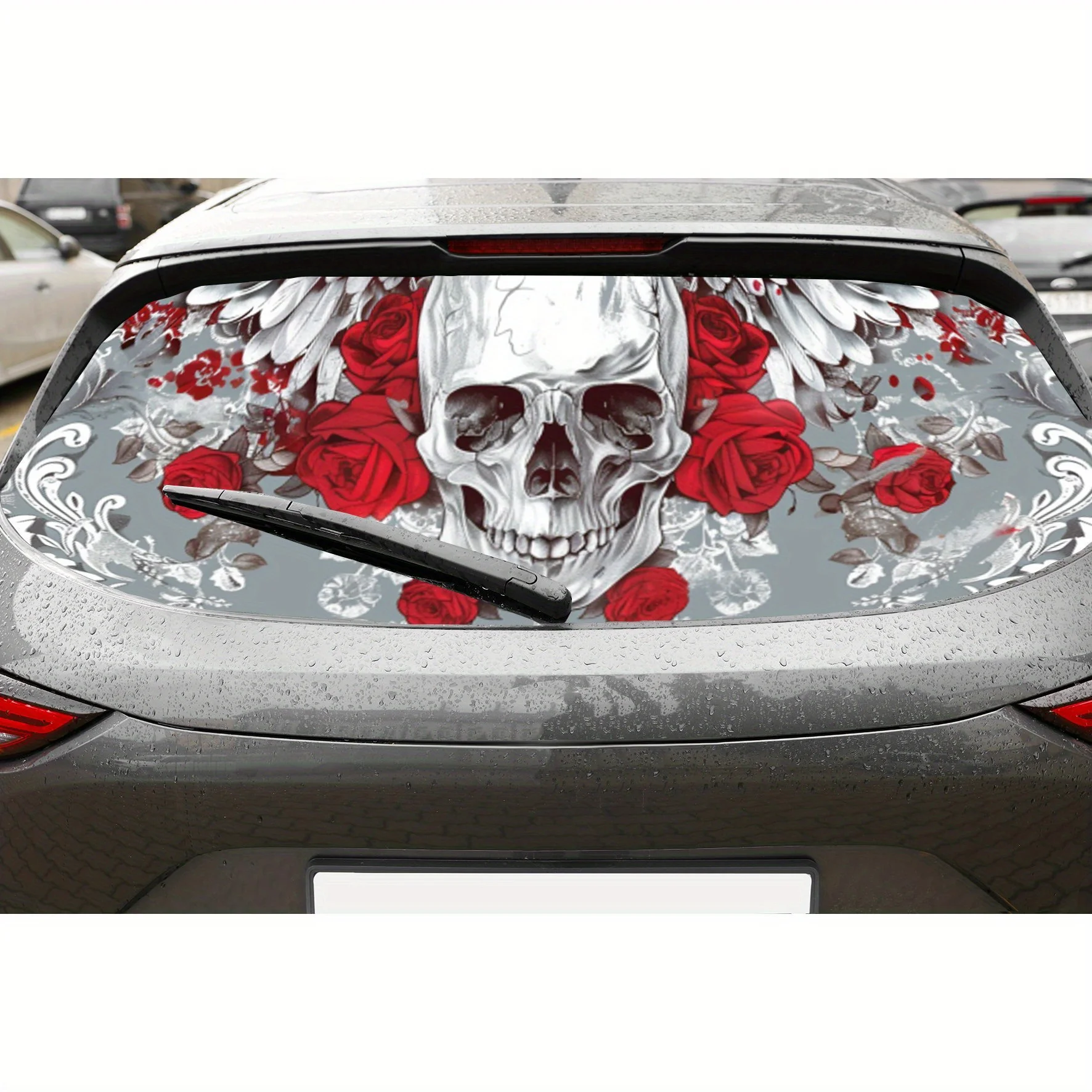 

White Skull and Red Rose PVC Perforated Car Vinyl Wraps, Privacy Enhancing Design for Rear Window, Car Rear Windshield Sticker f