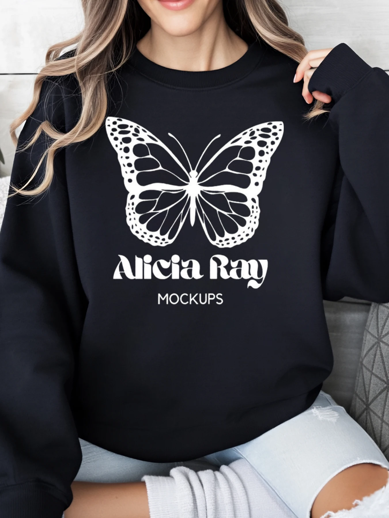 

Butterfly and Alicia Ray Text Print Sweatshirt Halloween Women's Casual Wear Black Plus-Size