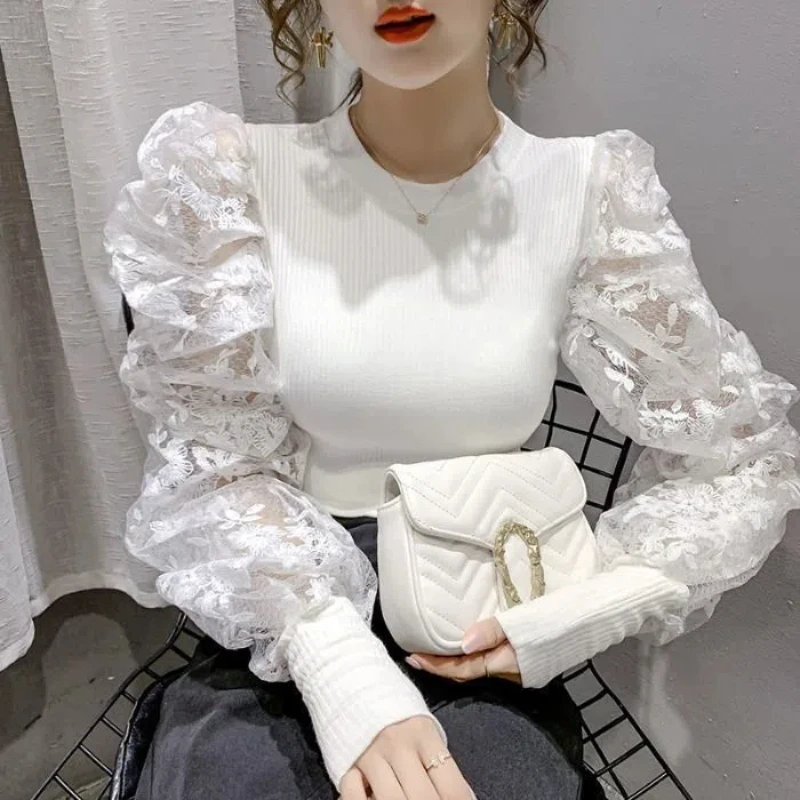 Korean Lace Patchwork Slim T Shirts Spring New Long Sleeve Solid Color Elegant Tops Tees Temperament Vintage Women Clothing