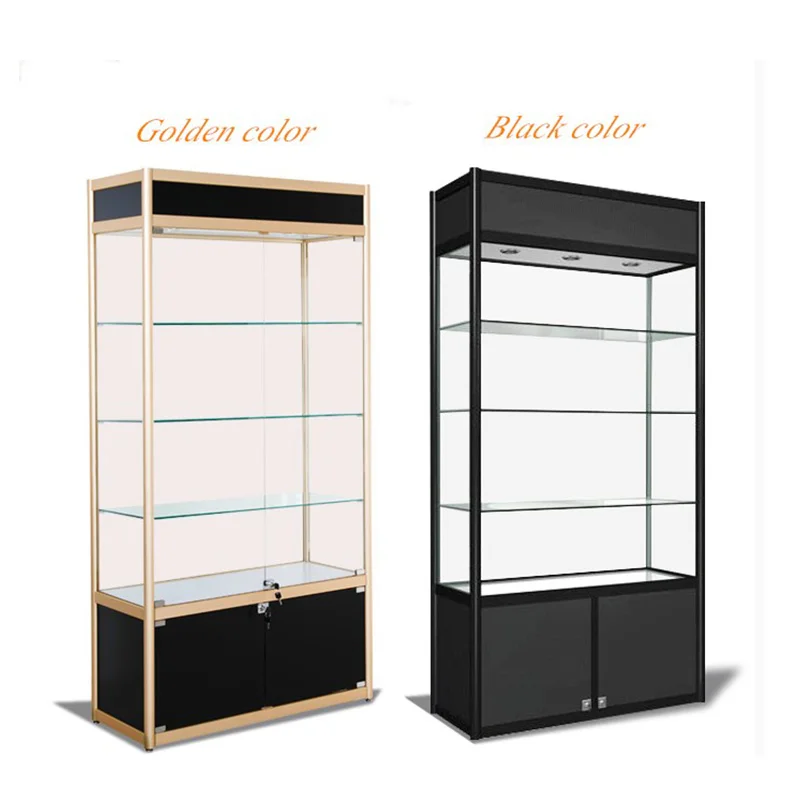 (Customized) smoke shop display cabinet adjustable shelves wall glass display aluminium with LED light glass displa