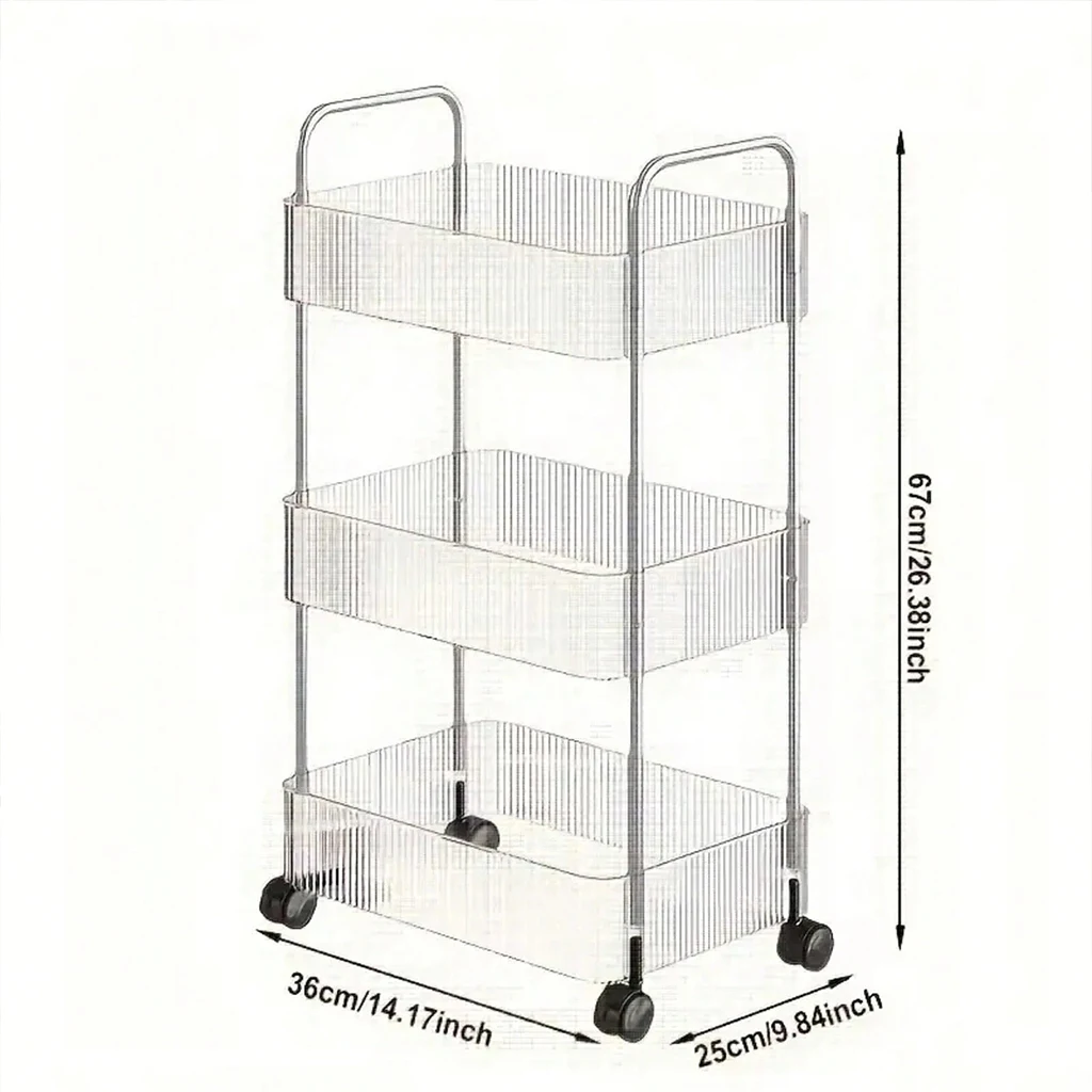 3/4-Tier Rolling Storage Cart with Wheels, Clear Makeup Organizer Trolley with Side Baskets, Movable Bathroom Kitchen Utility Shelf for Cosmetics Toiletries Snacks