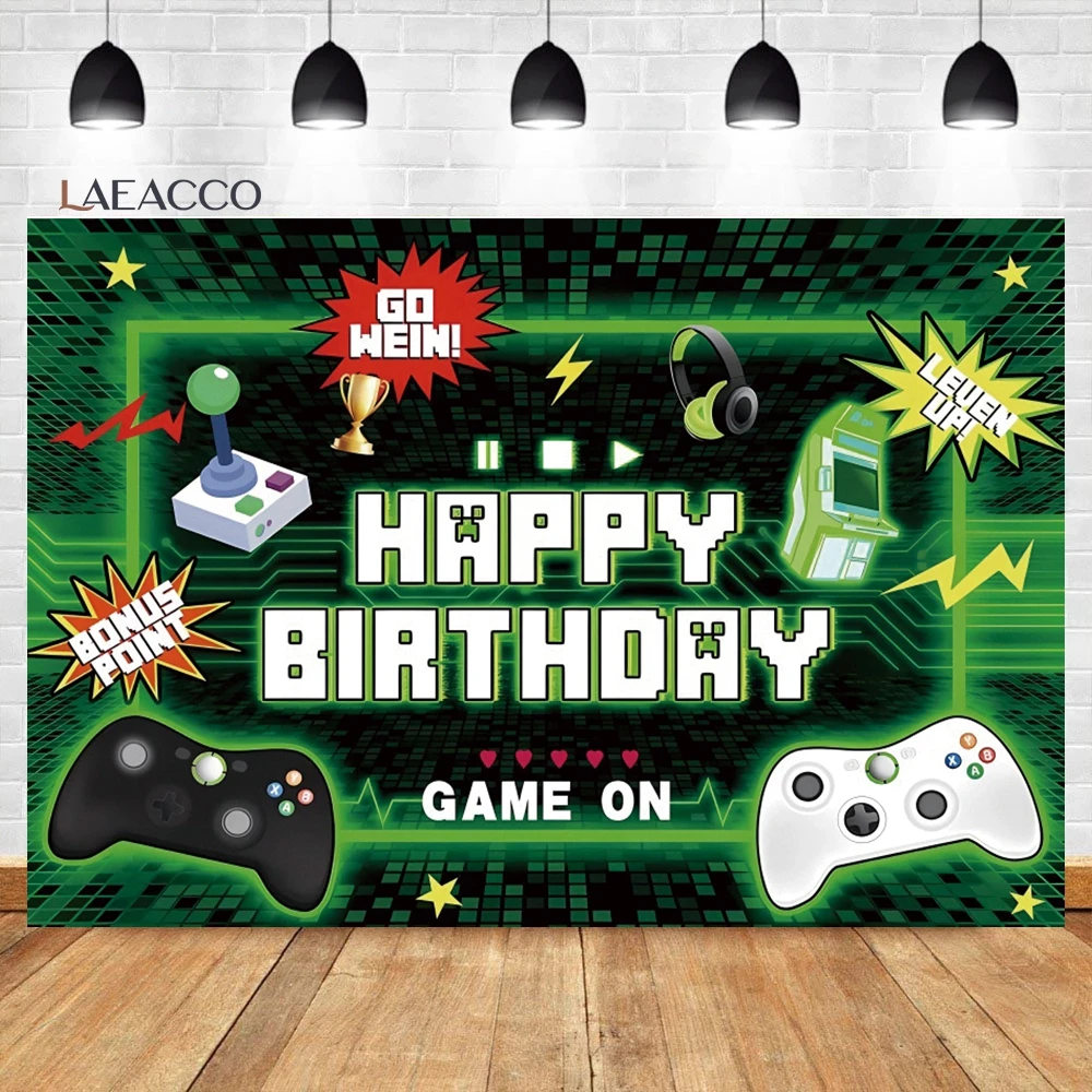 Laeacco Game On Backdrop Video Game Boys Birthday Photography Background Blue Lightning Baby Shower Portrait Customized Backdrop