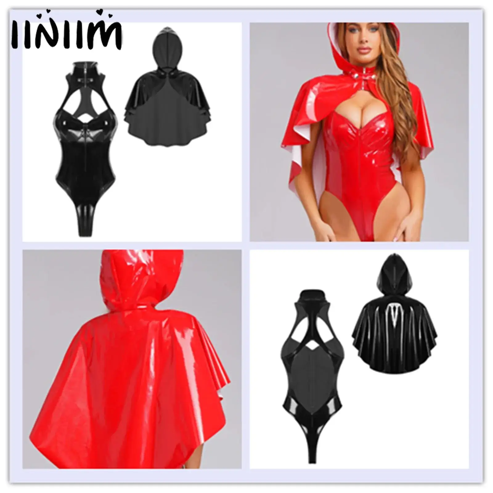 

Womens Lingerie Wet Look Hooded Cloak and Bodysuit Outfit Cut Out Bodysuit and Cape Steampunk Gothic Costume Rave Party Costume