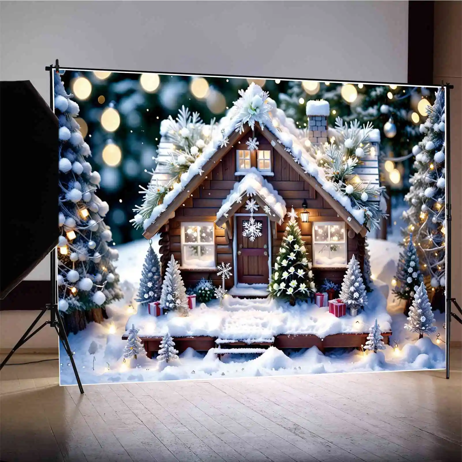 MOON.QG Backdrop Christmas Novelties Snowing Tree Cabin Photo Background Light Bokeh Spot Ornament Gift Items Photography Props