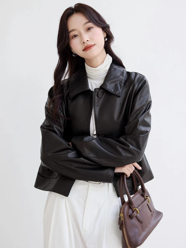 Slim Short Genuine Leather Motorcycle Jacket for Women Spring Autumn 2025 New High-end Simple Oil Wax Real Goatskin Leather Coat