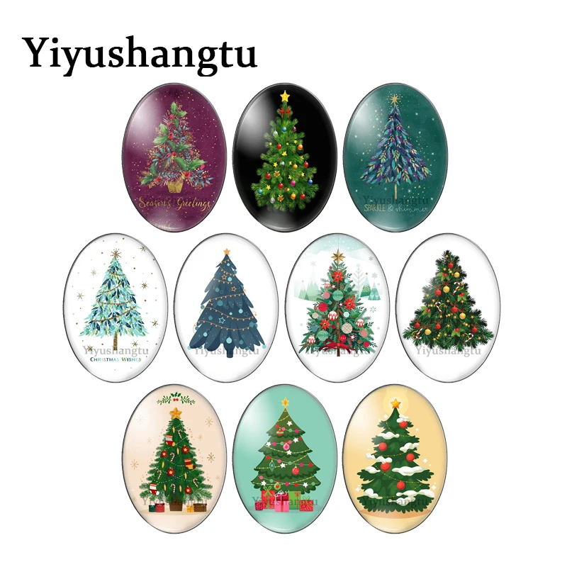 New Fashion christmas trees best wishes 10pcs mixed 13x18mm/18x25mm/30x40mm Oval photo glass cabochon flat back Making findings