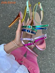 Rainbow Strappy Sandals Sexy Mixed Color Stiletto Fashion Summer Women Shoes Luxury Shoes Round Open Toe Patent Leather New