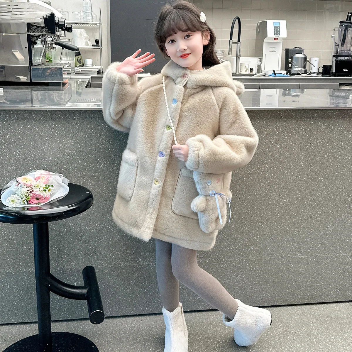 Girls Fur Coat for Winter Warmth Imitation Mink Fur Children's Coat Long Hooded Children Outerwear Thick Plush Jacket 4-14 Years