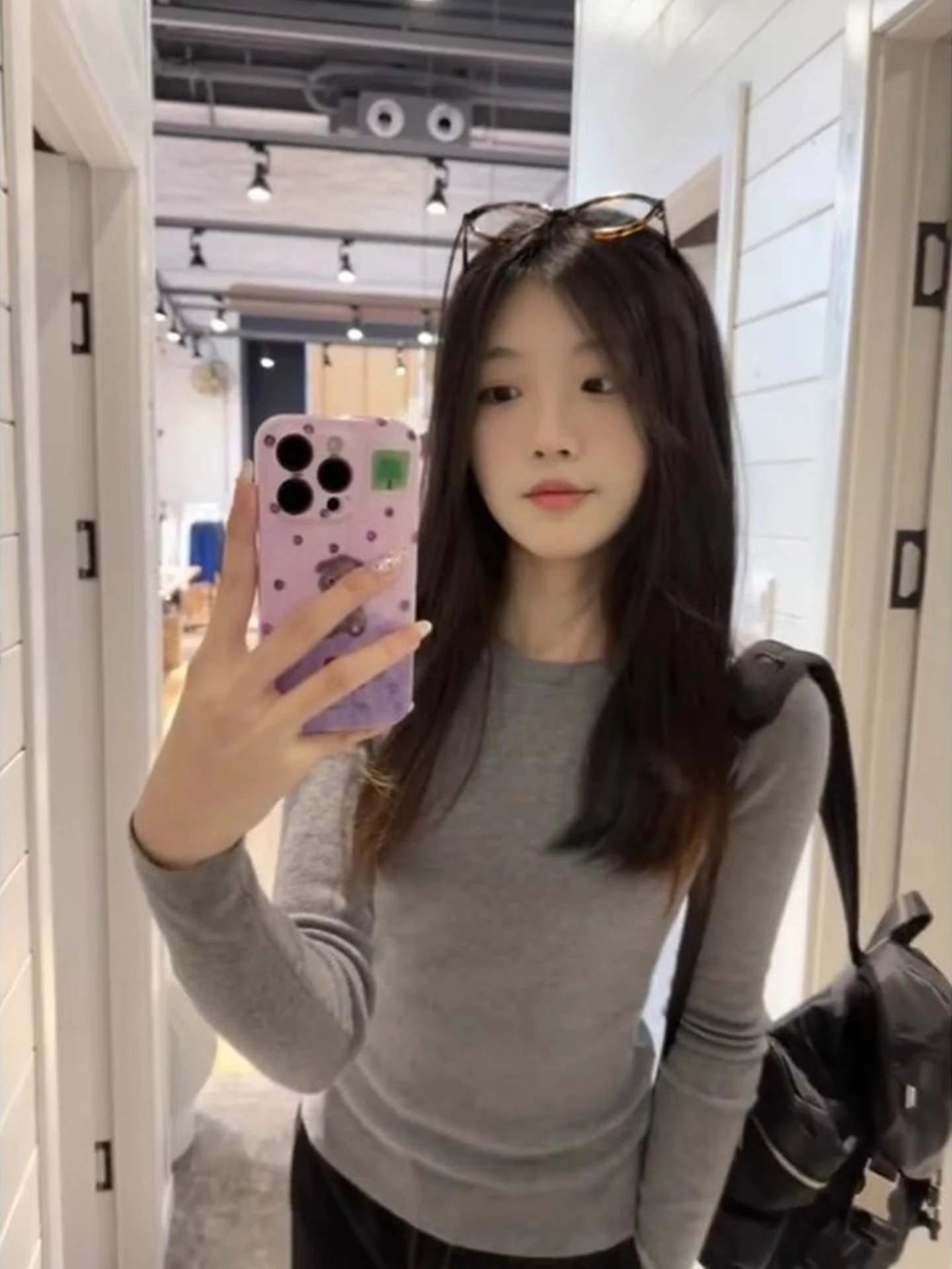 Coreano sle longo sve básico redondo ne camiseta feminina início do outono novo high-end versátil fino ajuste interior usar base irt topo