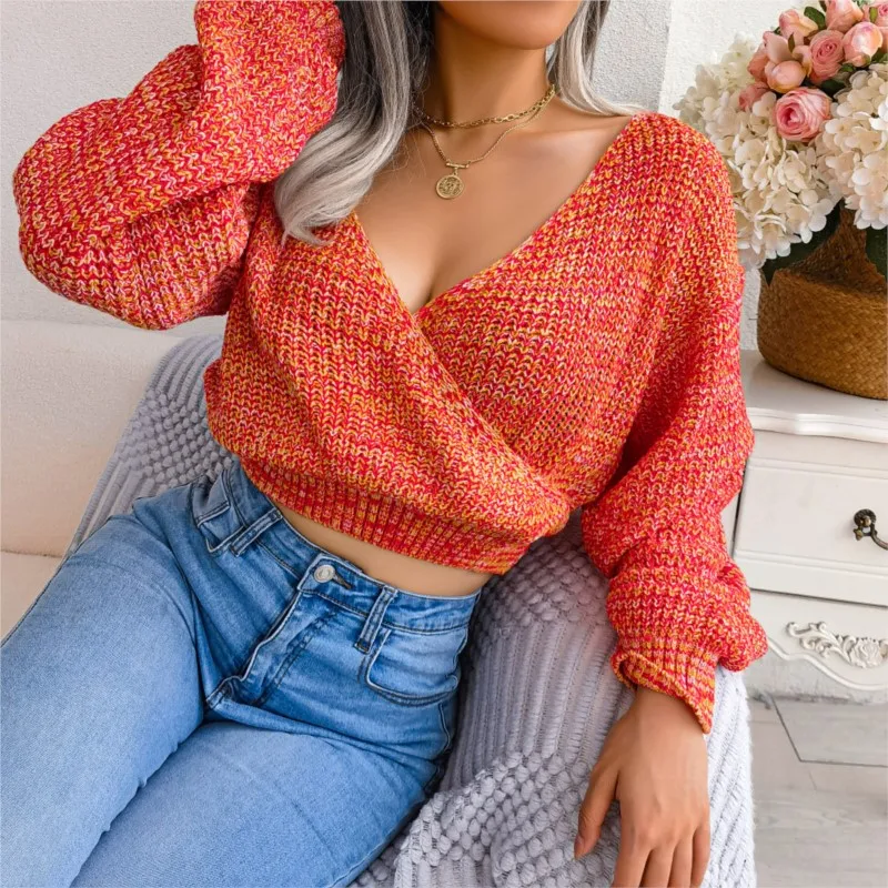 

Women's Short Knitted Sweater Sexy Cross V-neck Color Mixed Fur Long Sleeved Exposed Navel Sweater Autumn/winter 2024 New Item