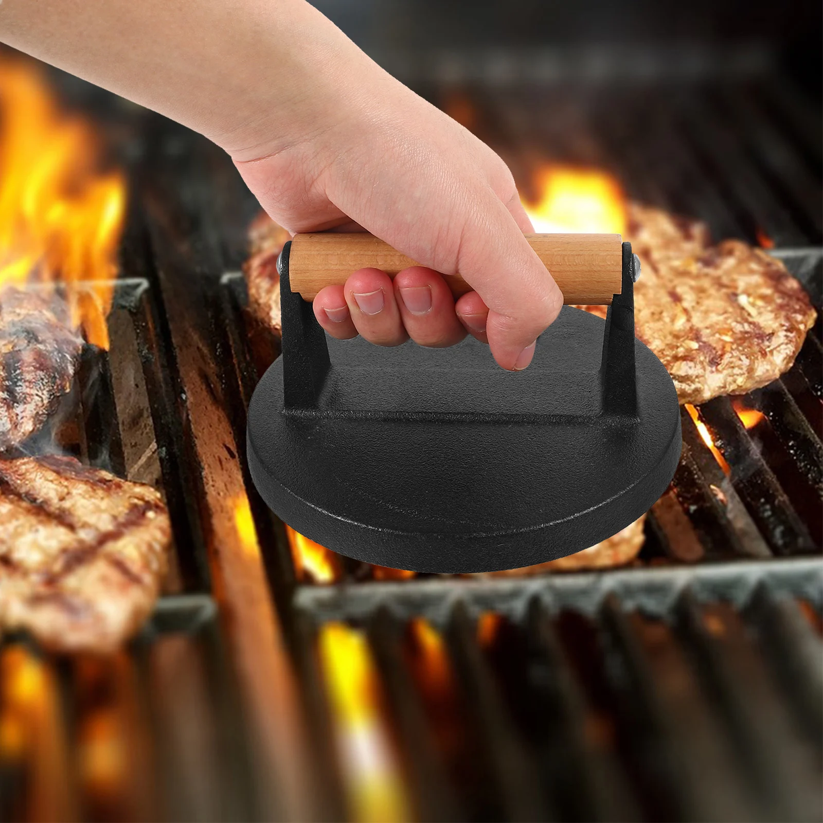 

1pcs Stainless Steel Burger Press Patty Maker Kitchen Gadget Home Meat Pie Smasher Wood Handle Non-Stick Surface Labor-Saving