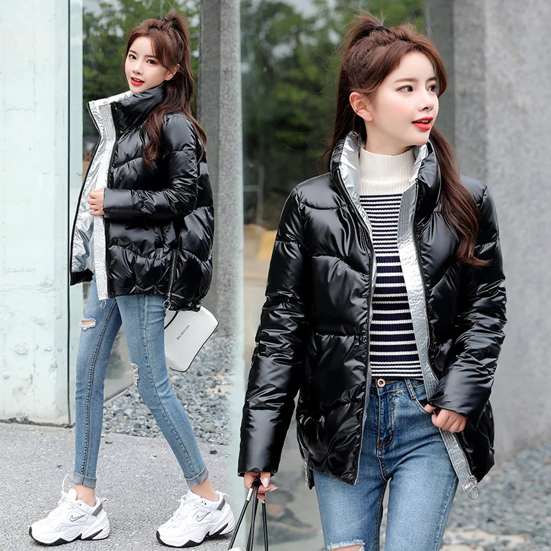 Glossy Winter Down Cotton Padded Jacket For Women Thick Bright Black Short Shiny Jacket Yellow Red Cotton Parkas Outwear