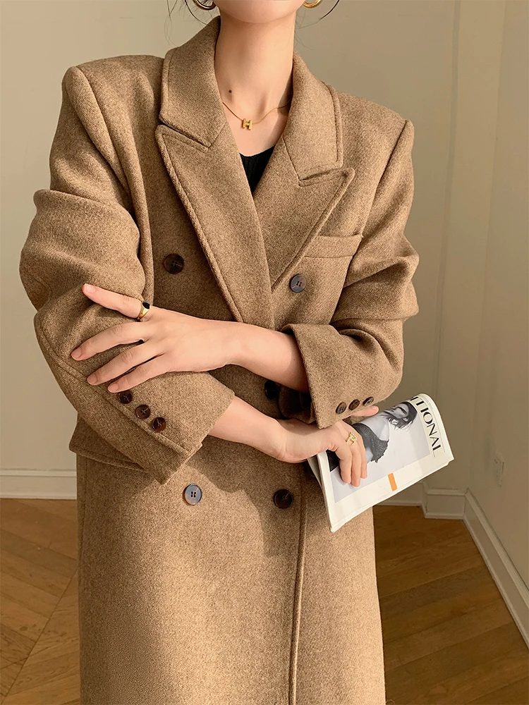 

Thiened шерстяной костюм Jaet, женское осенне-зимнее свободное корейское длинное пальто из смесовой шерсти с межкой подкладкой из хлопка, двубортное