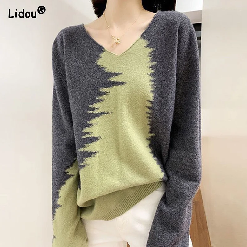 

Contrasting Colors V-Neck Spring Summer T-Shirts Korean Patchwork Fashionable Outer Wear Long Sleeve Pullover Women's Clothing
