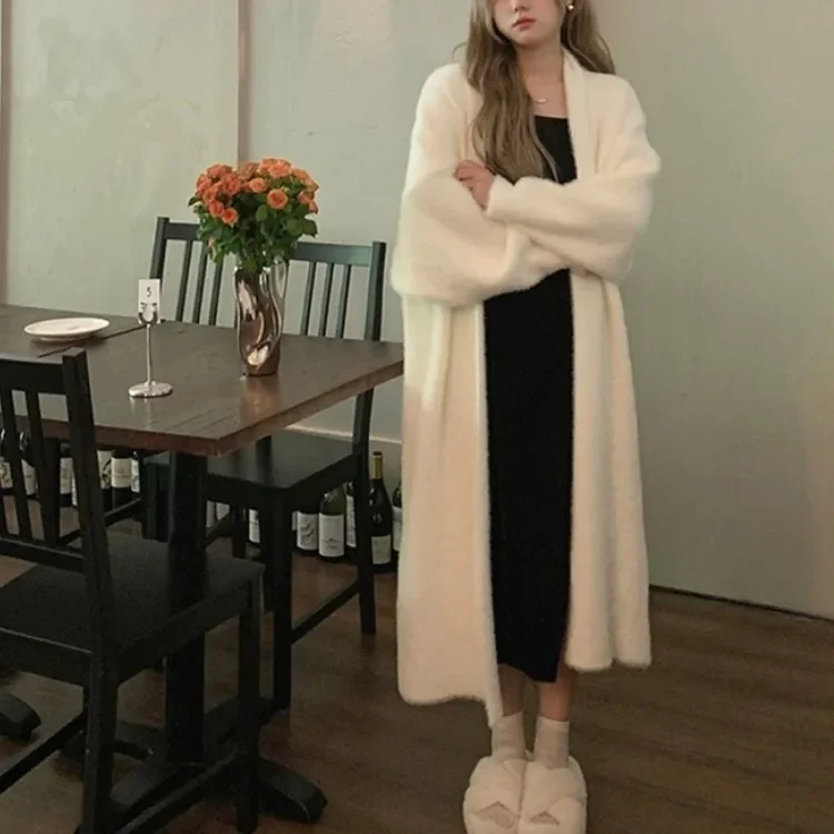 Soft Waxy Imitation Mink Wool Knitted Cardigan 2024 Autumn/winter New Loose Lazy Wind Mink Cashmere Long Knitted Coat Women Y2k