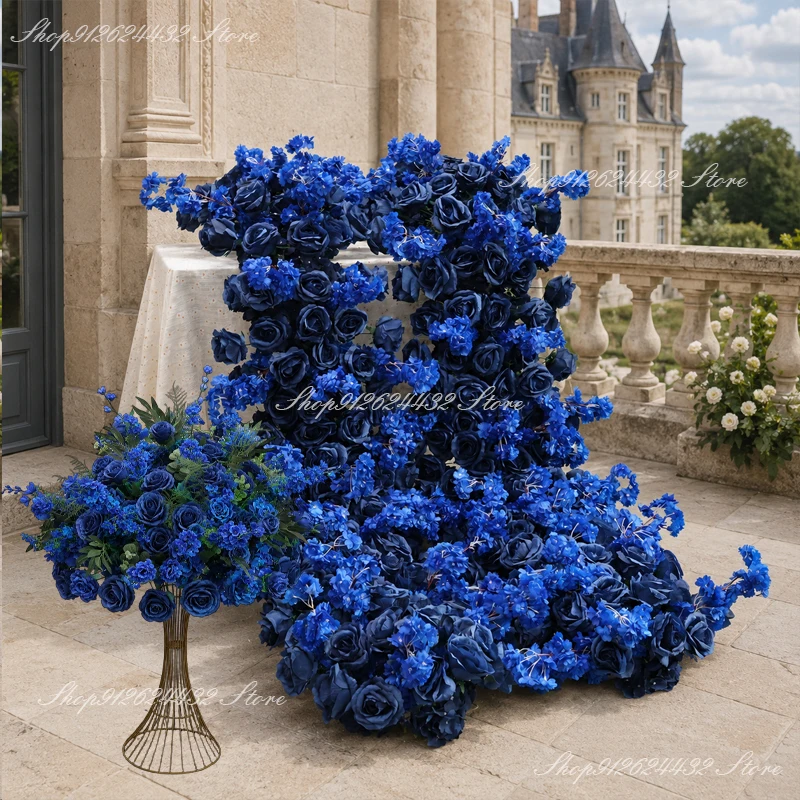 Dark blue Runners Artificial Flower Row Table Centerpiece Wedding Rose Peony Flower Backdrop Wall Arch Deco Party Central Flower