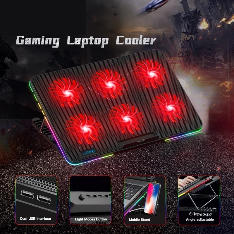 New RGB Lighting Gaming Style 6 Fans LED Screen 12-15.6inch Laptop Cooling Pad With Mobile Phone Holder