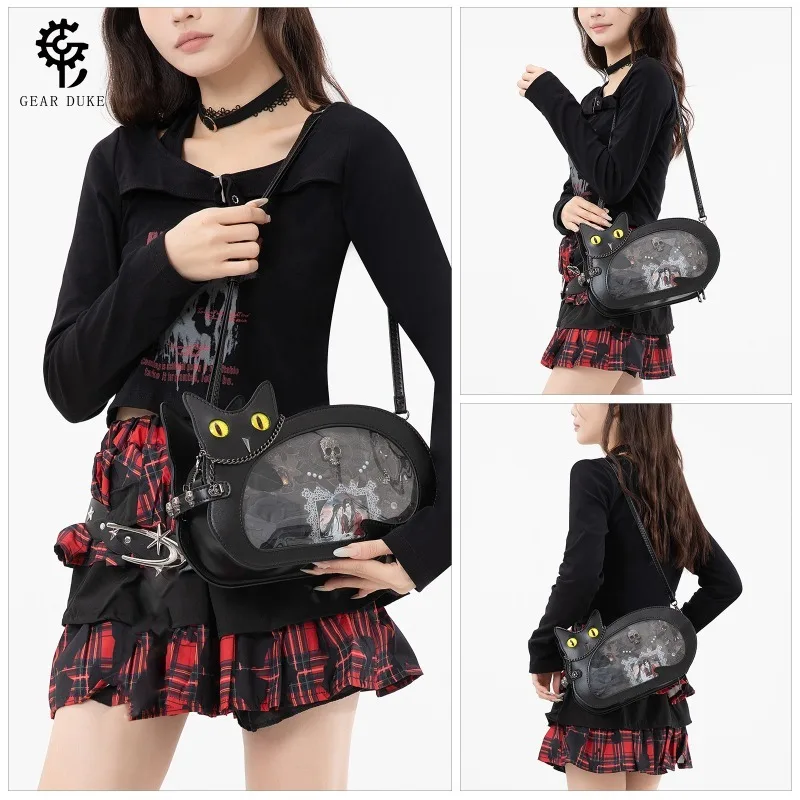 

Black Gothic Cat Shaped Ita Bag, PU Leather Crossbody Purse with Yellow Eyes for Anime Pins Display & Streetwear