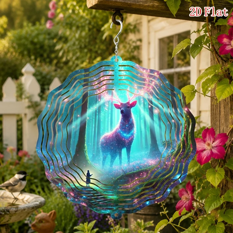 2D  Flat meta Giant  Ethereal Deer Pattern Metal 3D Rotating Windmill ,Wind Chime with Rotating Hook, Outdoor Garden  Decoration