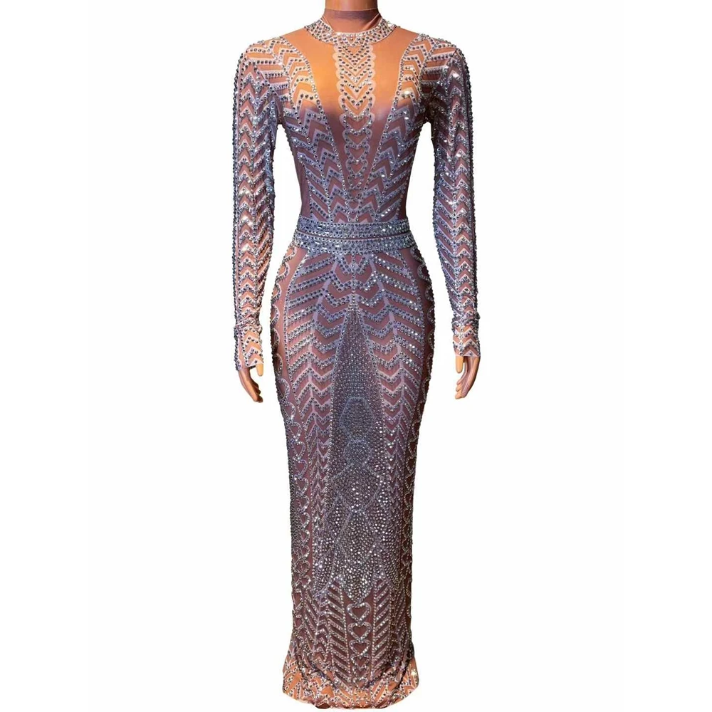 Sparkly Rhinestones Sexy Mesh Transparent Long Sleeves Prom Birthday Celebrate Party Evening Dress for Women Photo Shoot Wear