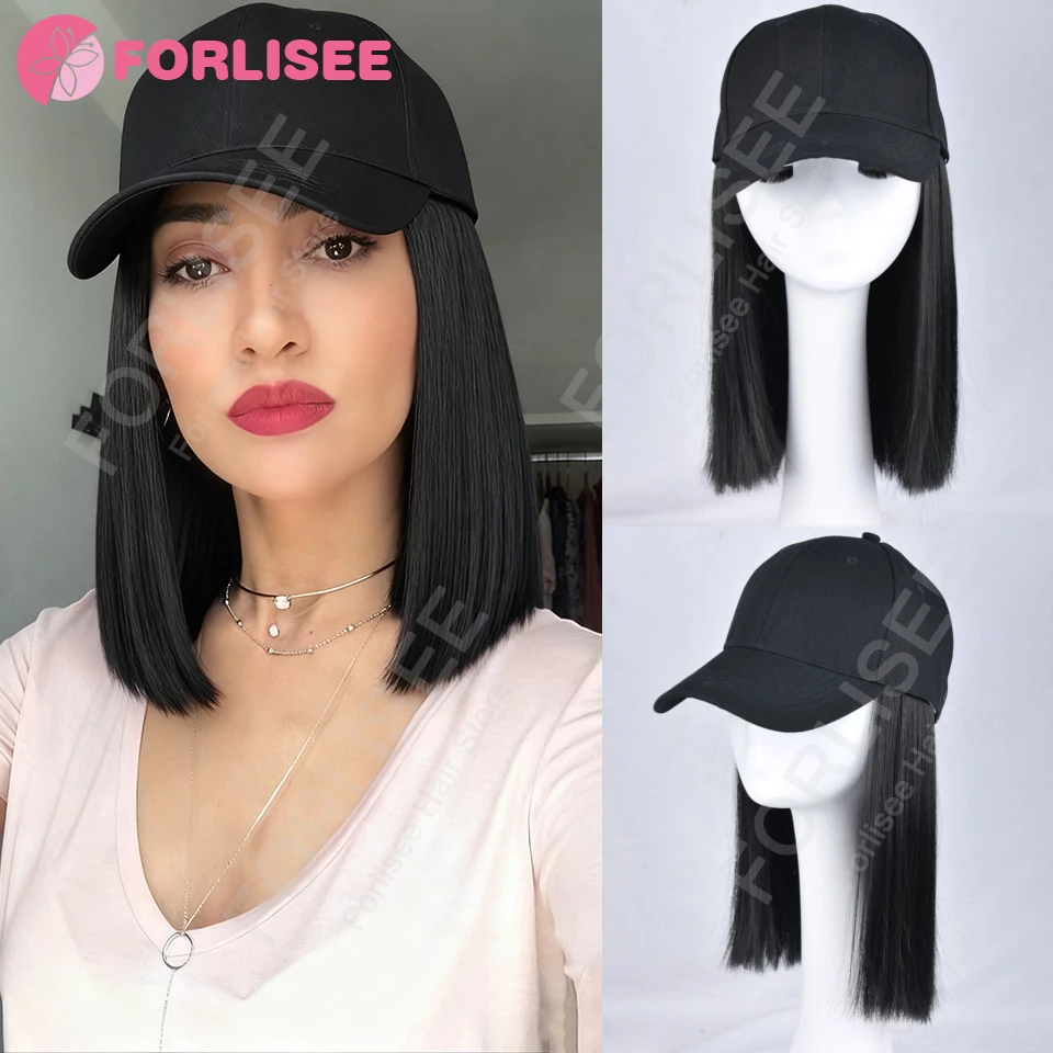 10 بوصة وصلات شعر صناعية مستقيمة مع قبعة بيسبول سوداء شعر مستعار للنساء الفتيات ألياف مقاومة للحرارة عادية يوميا #1