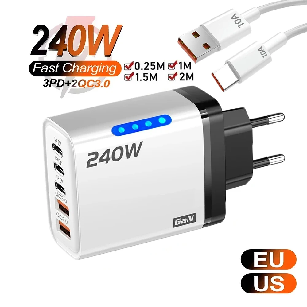 

Зарядное устройство GaN USB C 5 в 1, 240 Вт, адаптер для быстрой зарядки, 10 А, кабель USB TypeC для iPhone, Samsung, Xiaomi, планшетов, зарядное устройство для настенного крепления с вилкой стандарта ЕС/США