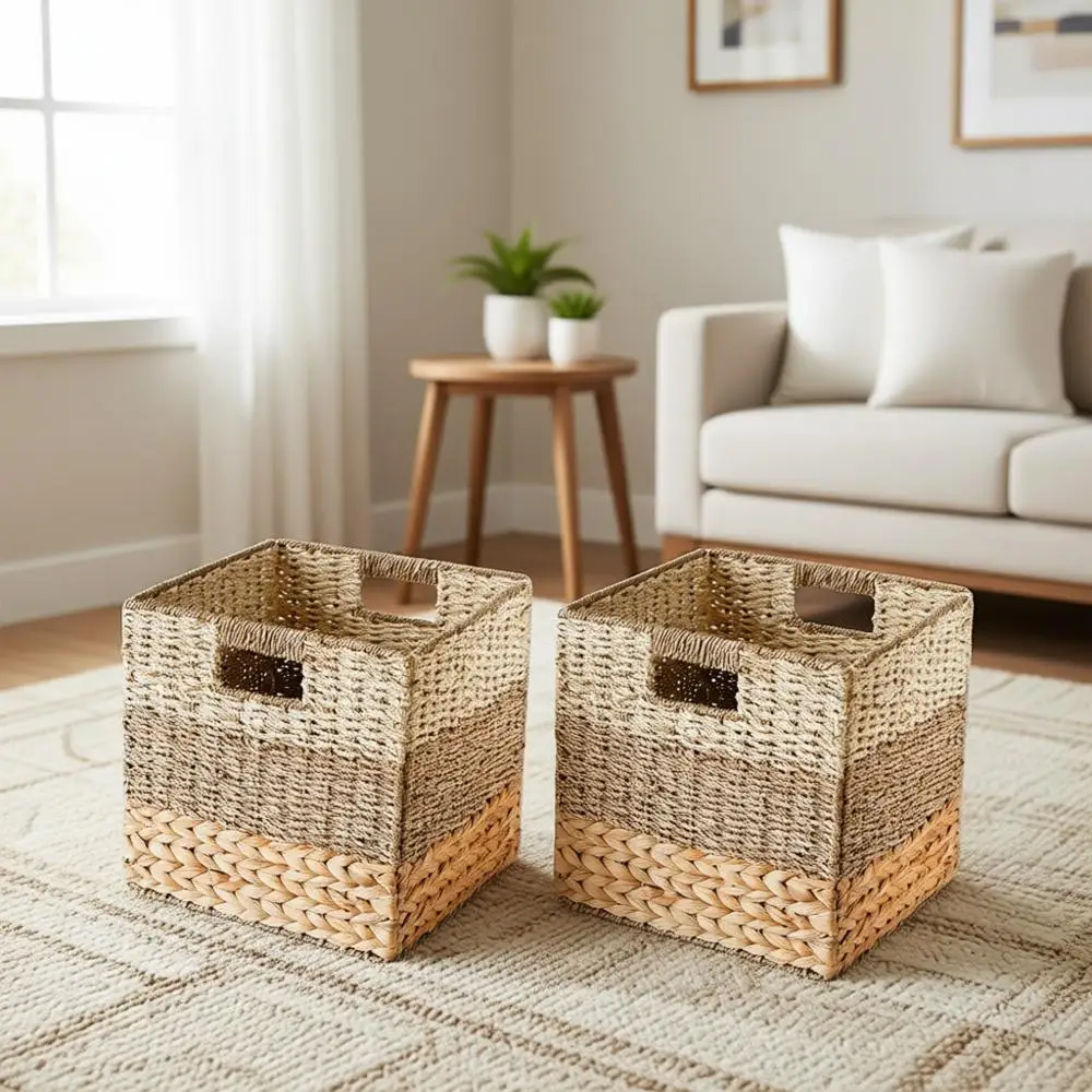 

Large Natural Wicker Storage Cube Baskets with Handle, Set of 4 for Bedroom and Pantry Organization
