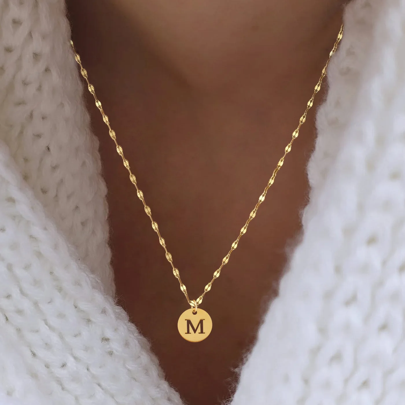 Stainless Steel Initial Letter Necklace Gold Color A-Z Alphabet Round Pendant Neck Chain Choker Jewelry for Women