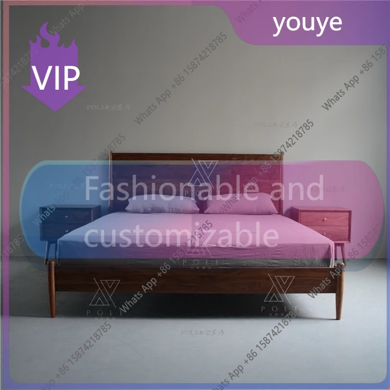 n-J Nordic Home Nordic Black Walnut Cherry Wood Double Bed American Japanese Pure Solid Wood Hard Bed Flat Bed Minimalist Italia