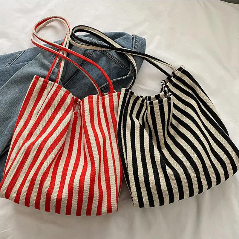 Large Capacity Canvas Women Shopper Tote Simple Striped Shoulder Bag Female Casual Multifunctional Travel Top-handle Handbag