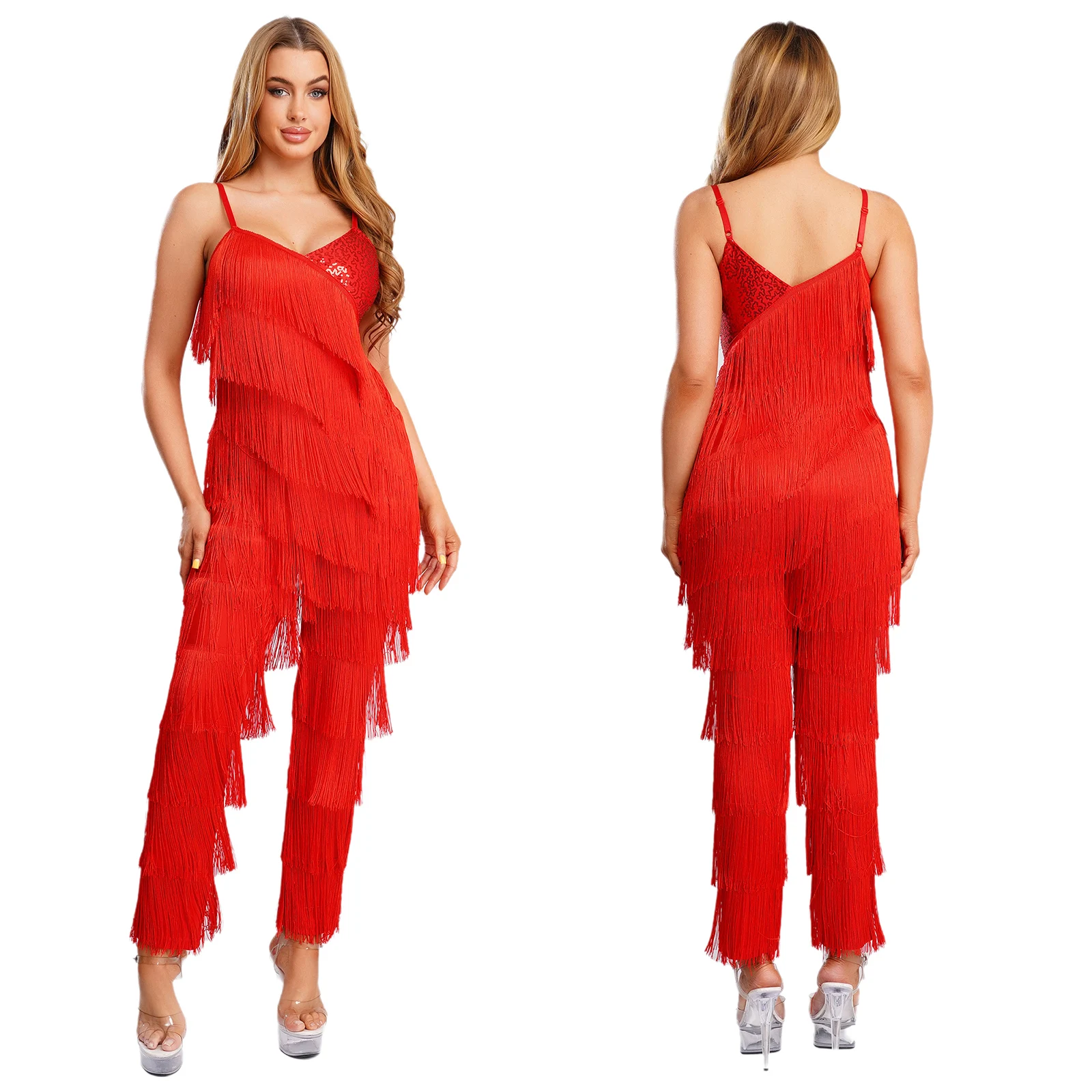 

Women Latin Tango Dance Fringed Jumpsuit Sequin Tiered Tassel Rompers Long Pants Bodysuit for Cha-cha Salsa Ballroom Performance
