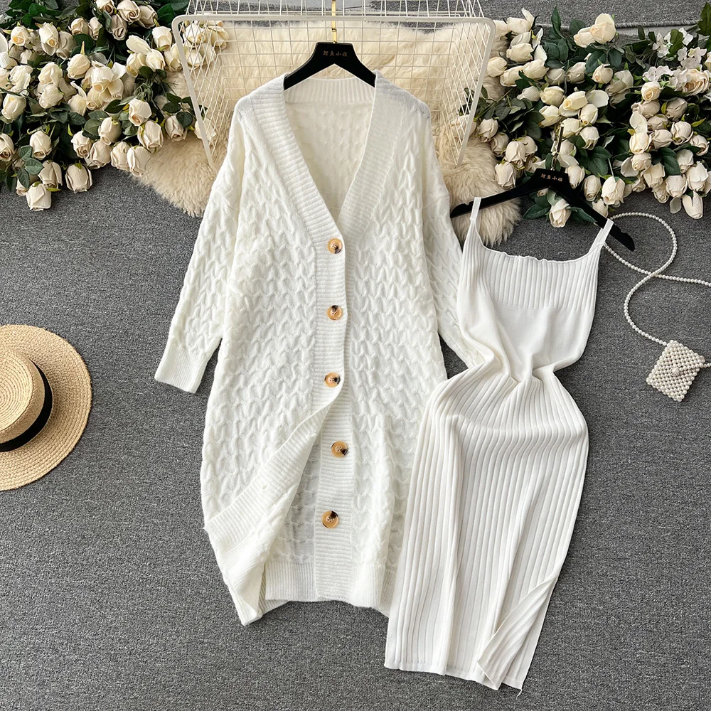 

Croysier Autumn Winter Women White Knit Two Piece Set Twist Long Cardigan Sweater And Bodycon Midi Dress New In Matching Sets