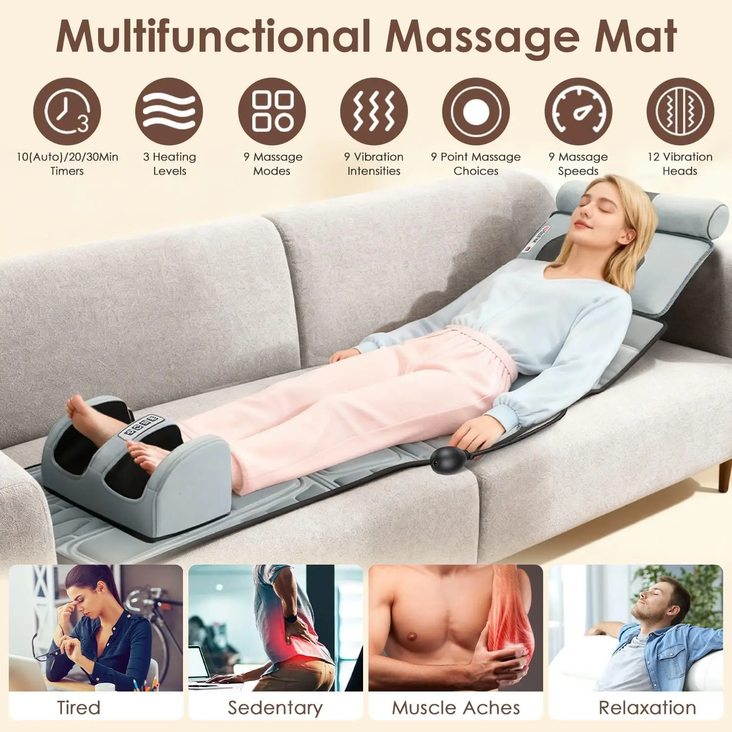 Heated Full Body Kneading Vibration Massage Mat, Foldable Lumbar Support with Timer, Detachable Neck Back Foot Massagers, Deep Muscle Soreness & Pain Relief for Bed Sofa Home Use view 2