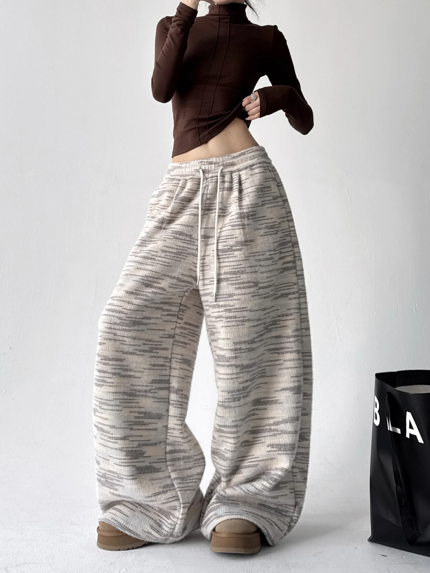 ارتفاع الخصر السراويل واسعة الساق المرأة الخريف الشتاء فضفاضة عادية لينة مريحة مستقيم قطع السراويل بناطيل كاجوال للسيدات #5