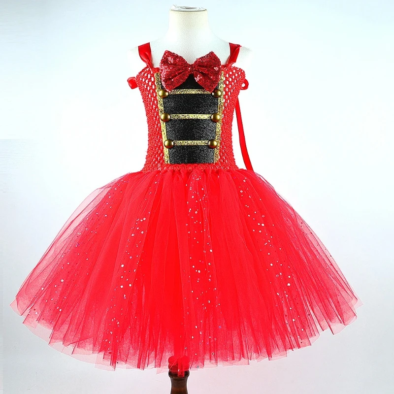 Sparkly Red Circus Master Costumes Girls Nutcracker Princess Dresses for Kids Christmas Halloween Outfit with Feather Hat Bow