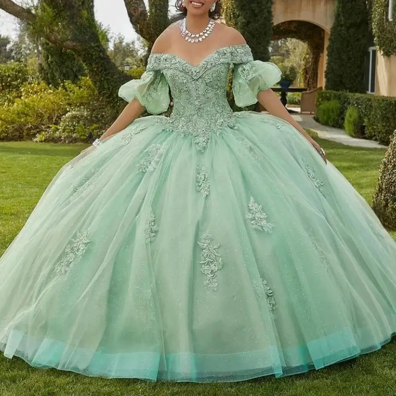 

Shiny Mint Green Quinceanera Dress Ball Gown Lace Applique Beading Corset Puffy Sleeve Sweet 16 Vestido De 15 Anos