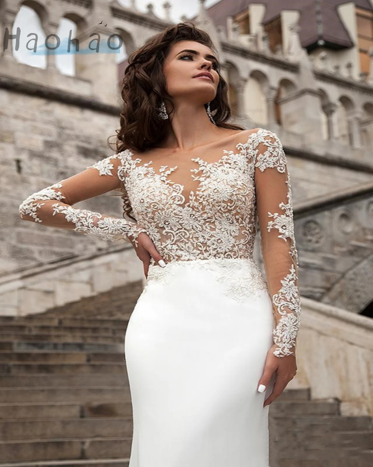 

2024 Sexy Mermaid Wedding Dresses Long Sleeves For Women Boat Neck Buttons Lace Appliques White Robe De Mariee Stain Bride Gown