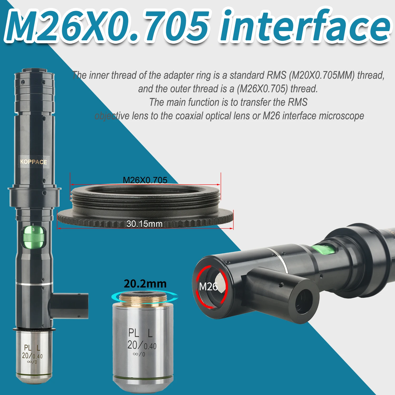 Koppace RMS เพื่อ M26กล้องจุลทรรศน์วงแหวนอะแดปเตอร์วัตถุประสงค์ M20กับอินเทอร์เฟซอะแดปเตอร์ M26