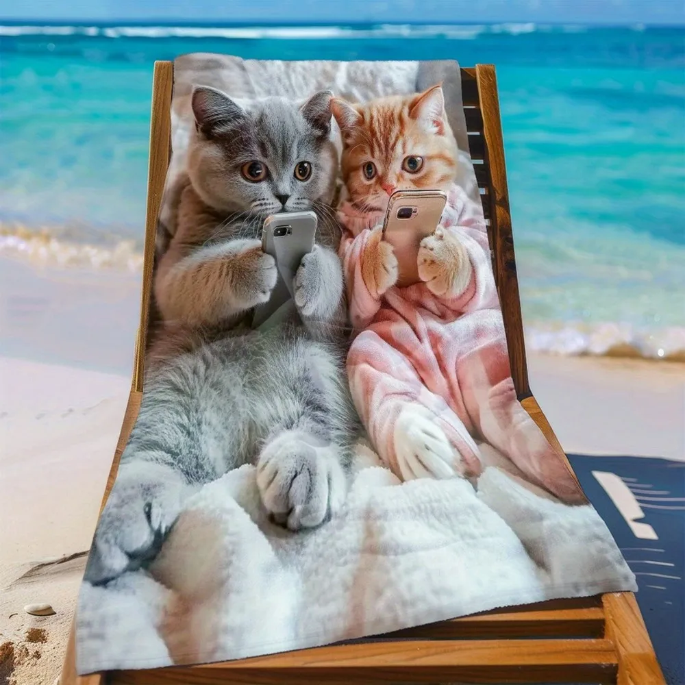 Beach Towel with Cute Cats Vacation Pattern Patterned Sunscreen And Windproof Suitable For Swimming Pool Camping Travel Blanket