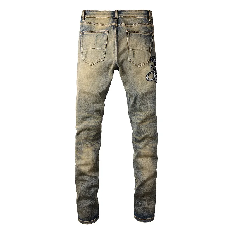 Men Snake Embroidery Denim Jeans Vintage Blue Snakeskin Leather Patch Stretch Pants Skinny Tapered Trousers