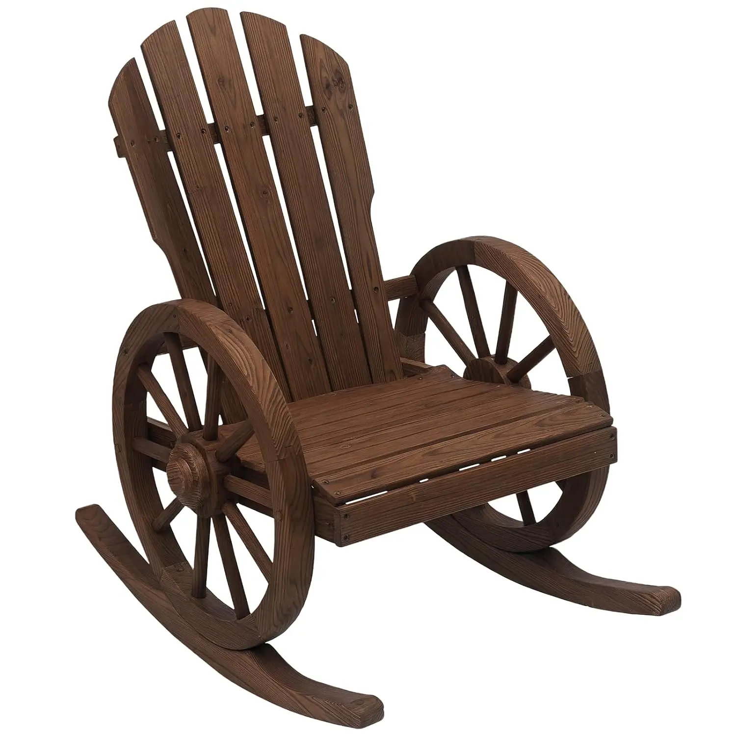 Wooden Rocking Chair Slatted Design Oversized Back Carbonized | Outdoor Adirondack Rocker Chair, Wagon Wheel Armrest,, Custom