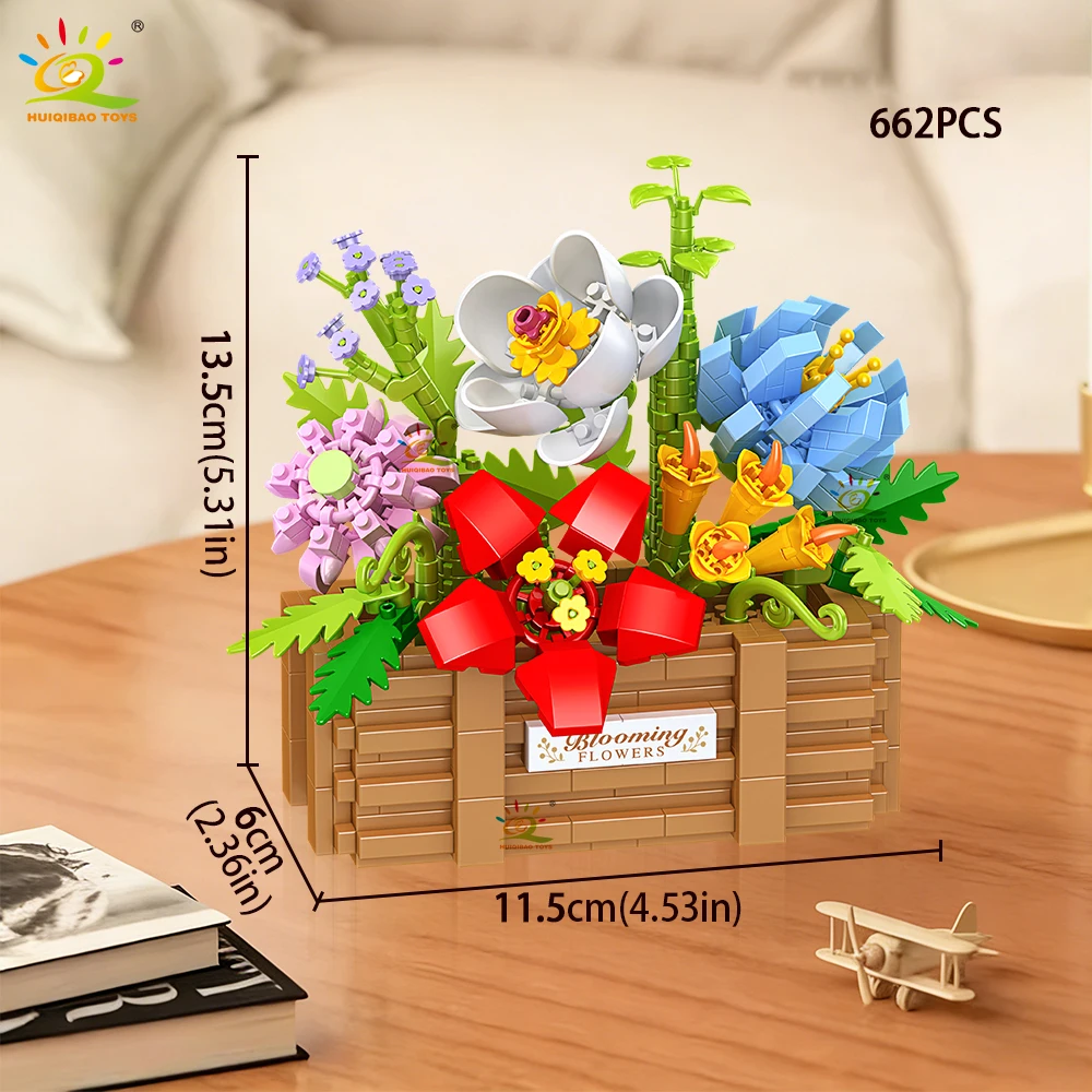 HUIQIBAO MOC Rosen-Sonnenblumen-Blumentopf Mikro-Baustein-Set DIY Blumenstrauß-Korb Mini-Diamant-Bausteine Kinderspielzeug Schreibtisch-Deko – Detail 10