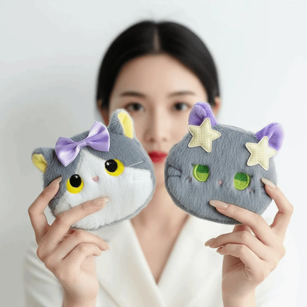 Star Decor Cat Coin Purse Faux Fur Compact Size Mini Wallet Zipper Closure Lightweight Texture Cartoon Animal Pouch Gift Choice