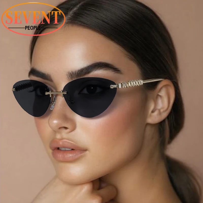 

Sexy Cat Eye Rimless Punk Sunglasses Women 2025 Luxury Brand Fashion Metal Small Frame Cateye Sunglass Vintage Shades For Ladies