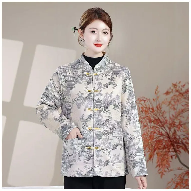 

Зима 2025 г., новинка, китайское хлопковое джемтовое пальто с цветочным принтом в стиле ретро, теплая верхняя одежда, трикотажное хлопковое пальто для женщин